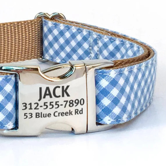 Personalized Dog Collar in a Blue Gingham - Laser Engraved Buckle Dog Collar for Spring and Summe... | Etsy (US)