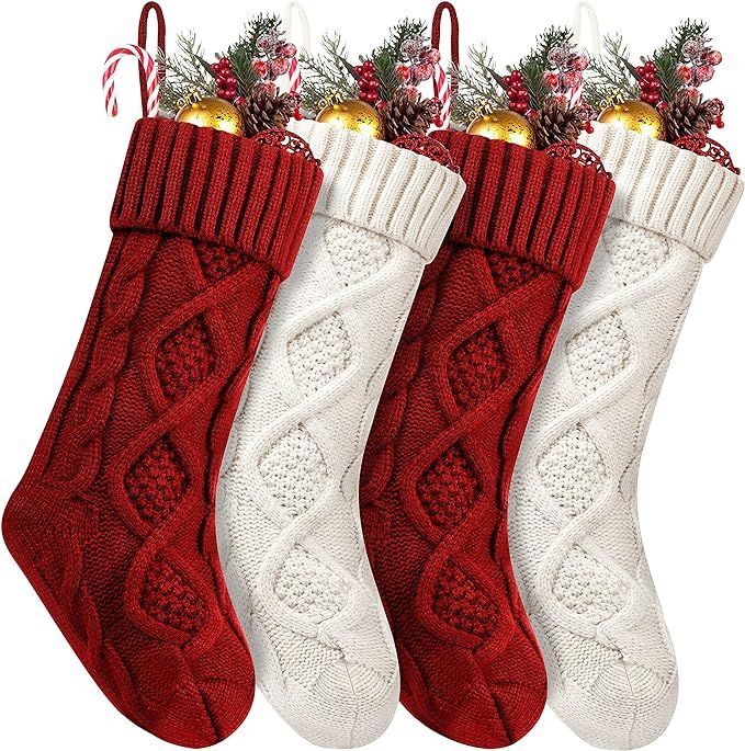 Fesciory 4 Pack Christmas Stockings 18 Inches Large Size Cable Knitted Stocking Gifts & Decoratio... | Amazon (US)