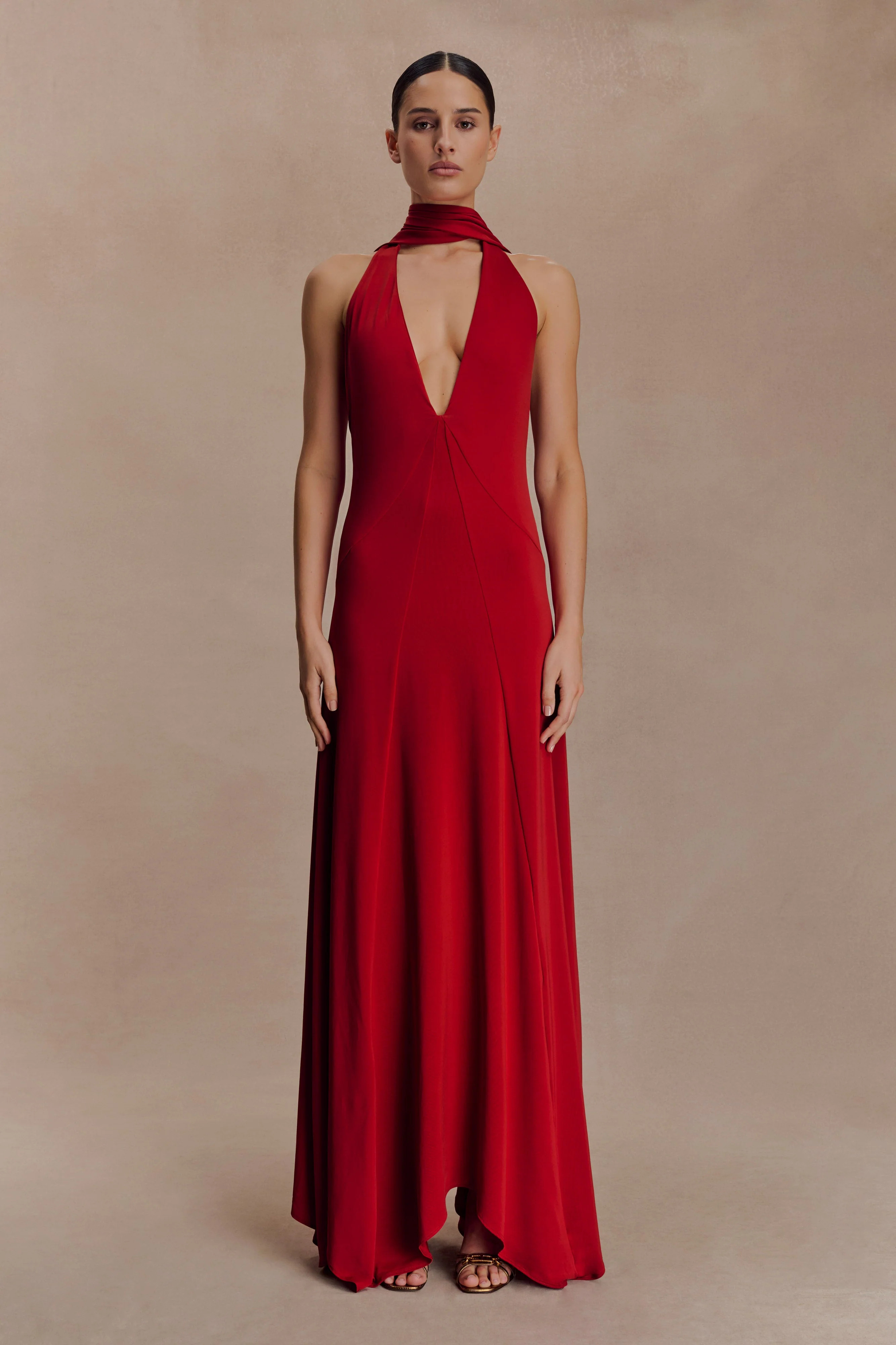 Slinky Maxi Dress With Scarf - Ruby | MESHKI US