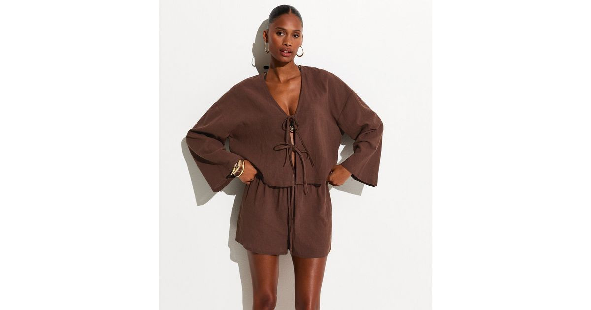 Dark Brown Cotton Slub Tie Front Beach Shirt | New Look | New Look (UK)