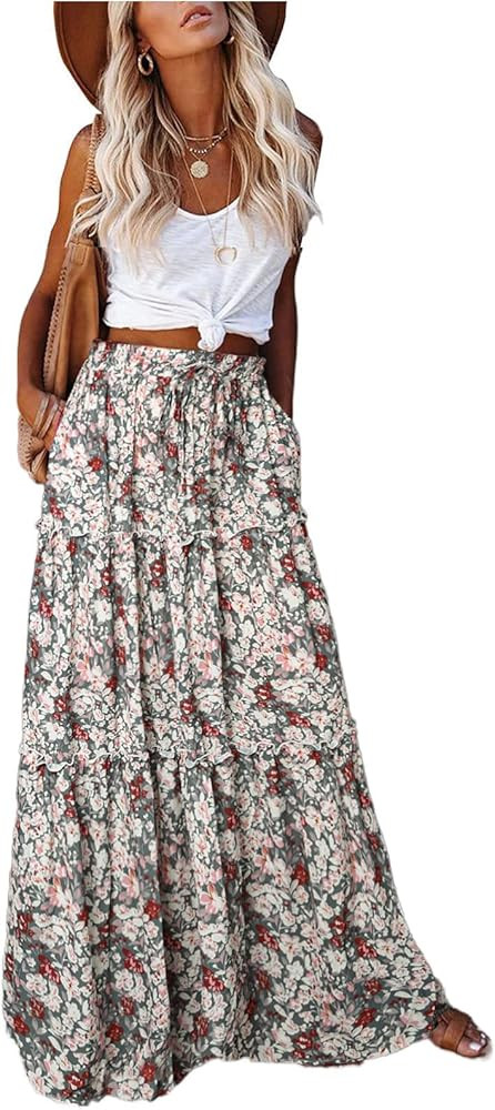 EARKOHA Womens Casual High Waist Tiered Paisley Print Long Maxi Skirt with Pockets | Amazon (US)