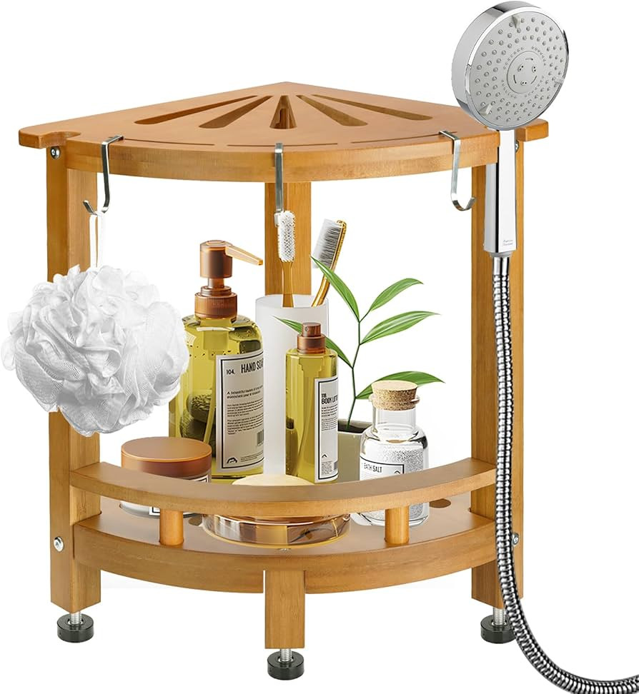 2-Tier Bamboo Shower Bench with 3 S-Shaped Hooks, Wooden Bath Corner Organizer Shower Stool for I... | Amazon (US)