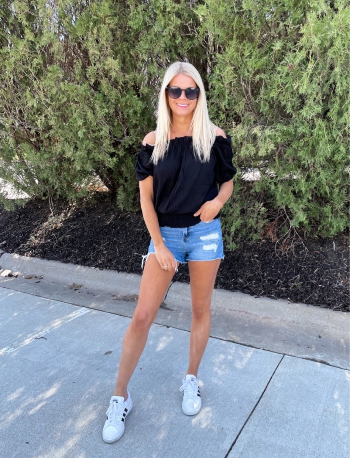 Summer outfit Inspo! This off the shoulder top is super cute and I love how you can dress it up or down🖤 running low on stock so go grab one before they are sold out!!! 

#summeroutfit #summerfashion #casualoutfit 

#LTKStyleTip #LTKFindsUnder50 #LTKSummerSales