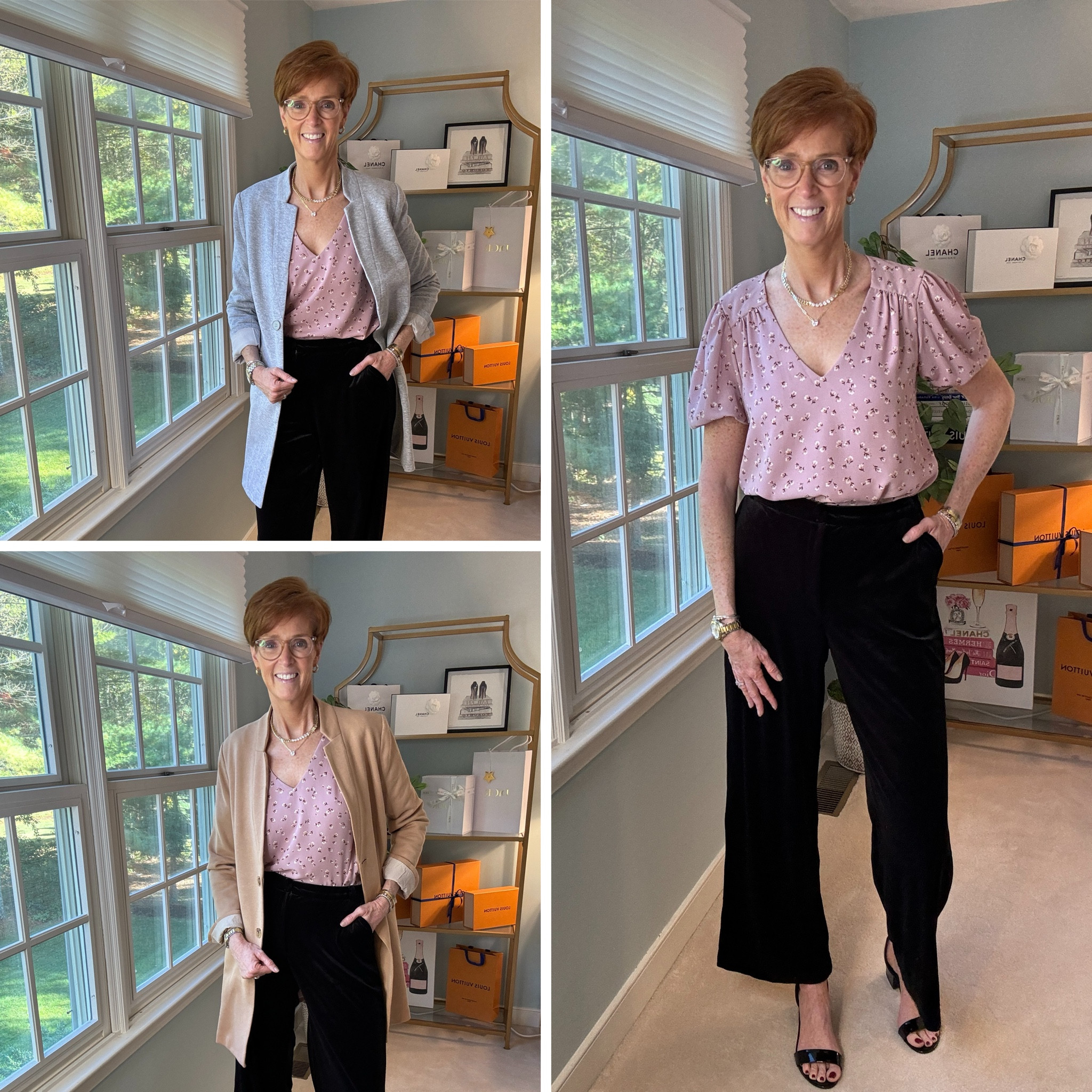 Gibsonlook for the fall and for the holidays
Ready to refresh your wardrobe with elegant, classic pieces that seamlessly blend into your everyday style? I’m sharing 8 beautiful items gifted to me by Gibsonlook that are perfect for fall—and trust me, you’ll want them all! From versatile blazers to flattering skirts, these pieces are designed to elevate your look with ease.

* Pale Mauve V-Neck Short Sleeve Floral Blouse: Feminine florals meet soft tones, ideal for layering under your favorite jackets.

* Black Velvet Trousers: Luxe and sophisticated, these trousers are perfect for adding a touch of elegance to any outfit.
Wearing a small in the top
Wearing a small in the jackets
Wearing a large in the pants. Too big. Medium would have been better.

#LTKHoliday #LTKOver40 #LTKStyleTip