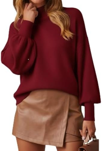 WEACZZY Women's 2025 Fall Fashion Casual Sweaters Mock Neck Long Lantern Sleeve Lightweight Knit ... | Amazon (US)