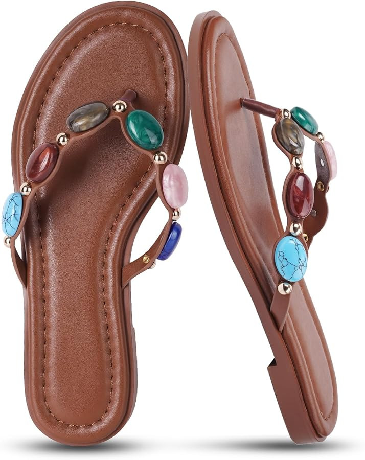 Women's Flip Flops Floral Flat Sandals for Women Square Toe Slip on Comfortable Dressy Thong Sand... | Amazon (US)