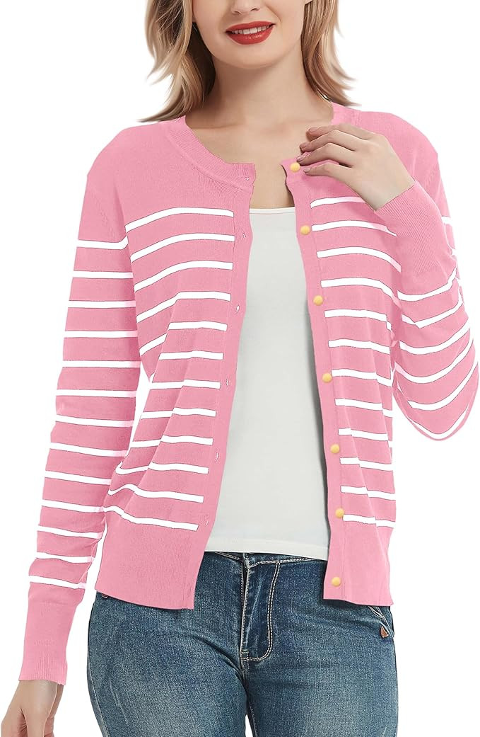 Women's Crew Neck Button Down Long Sleeve Striped Cardigan Sweater | Amazon (US)