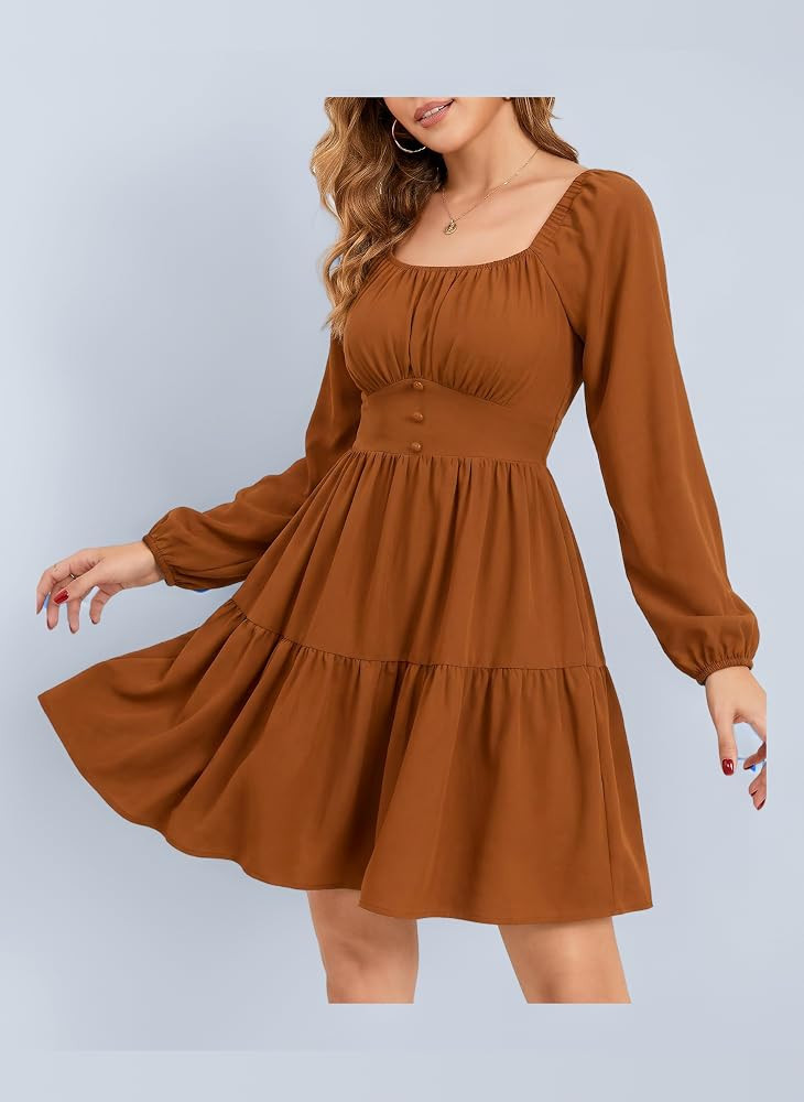 Florboom Damen Kleid Elegant Langarm Eckiger Ausschnitt Minikleid A-Linie Herbst Freizeitkleid mi... | Amazon (DE)