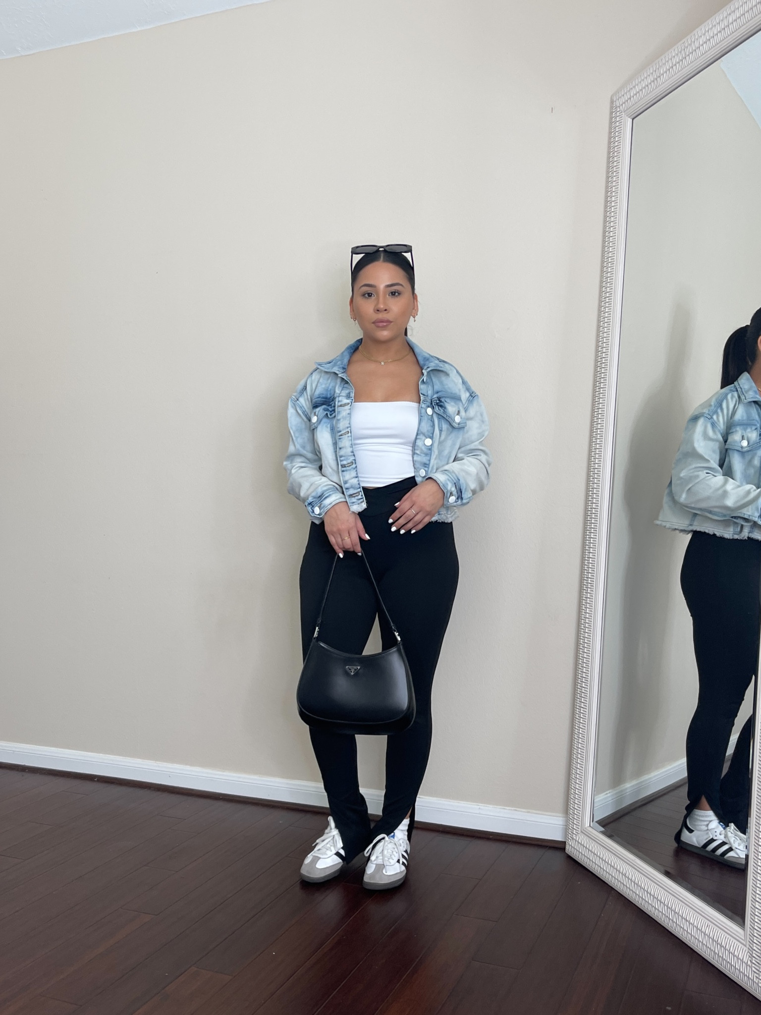Casual outfit idea 
Adidas samba sneakers: 4.5 men 
Prada sunglasses 
Prada bag 
Tube top: small
Denim jacket: small
Split hem leggings: small
White socks 

#LTKfindsunder100 #LTKSeasonal #LTKshoecrush
