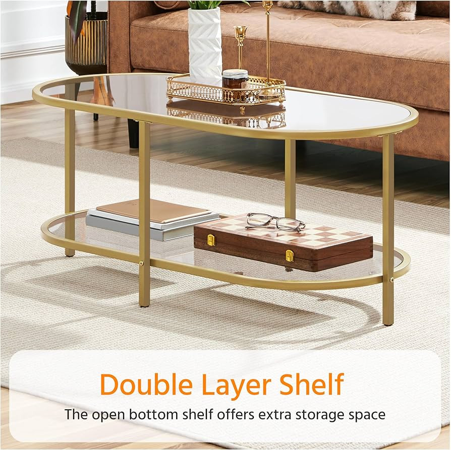 Yaheetech Gold Coffee Table, 42" Oval Glass Coffee Table for Living Room, 2-Tier Center Tea Table... | Amazon (US)