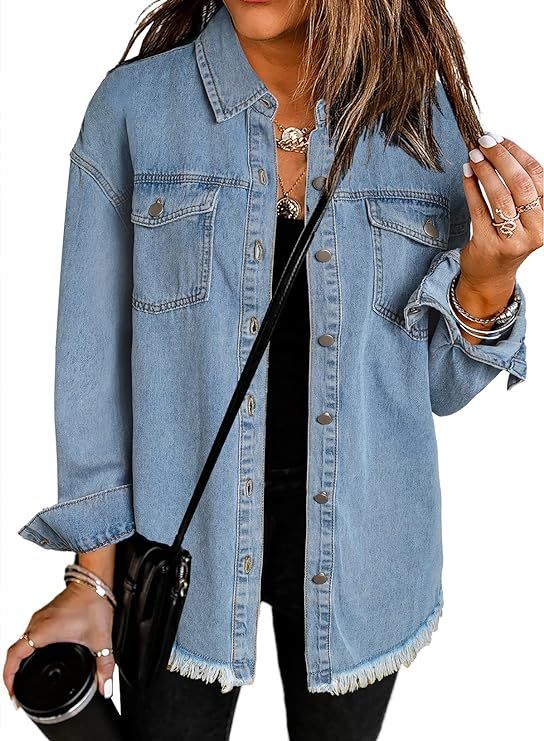 Dokotoo Women's Oversized Denim Jacket Casual Long Boyfriend Distresse Jean Jacket Autumn Spring | Amazon (US)