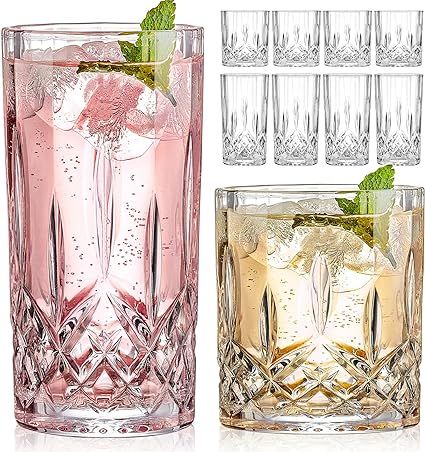 Drinking Glasses, 8 Piece Crystal Glass Cups, Mixed Glassware Set, 4 pcs Crystal Old Fashioned 11... | Amazon (US)