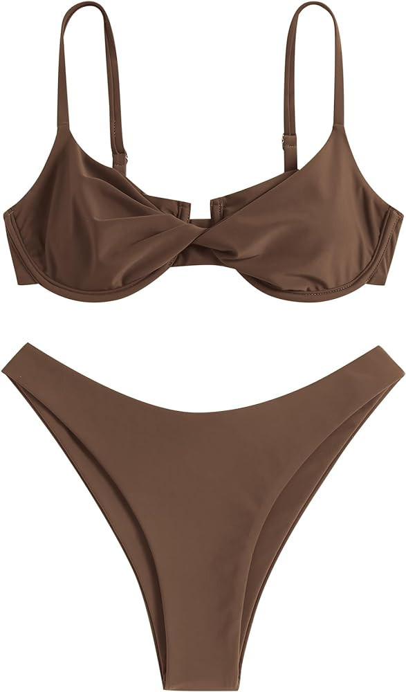 ZAFUL Women's Twist Front Bikini Sets Underwire Tie Back Bikini High Waisted Two Piece Swimsuit (1-Coffee, S) | Amazon (US)