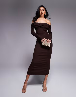 ASOS DESIGN off shoulder twist midi dress with long sleeves in chocolate | ASOS (Global)