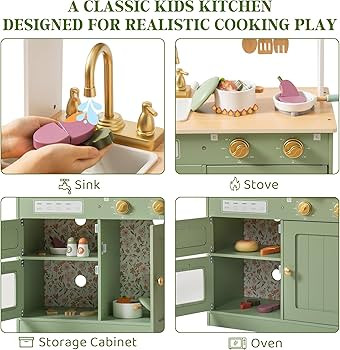 ROBOTIME Play Kitchen for Kids Toddlers, Wooden Pretend Play Kitchen Set Toy with Cutting Food Se... | Amazon (US)