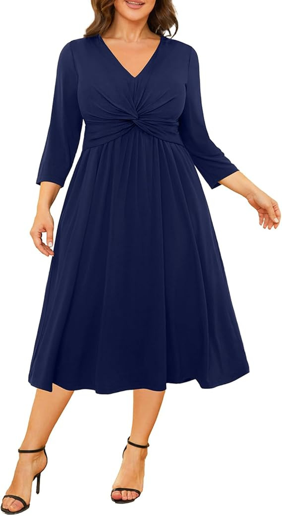 Plus Size Dress for Women Twist Knot V Neck 3/4 Sleeves A Line Wedding Guest Midi Dresses | Amazon (US)
