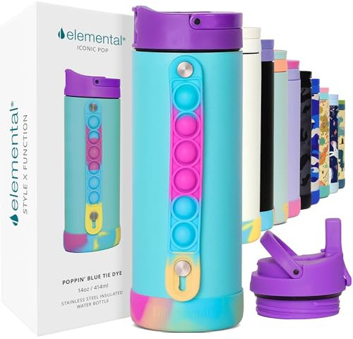 Elemental Iconic Kids Water Bottle with Straw Lid & Stress Relief Pop It Handle, Leak-Proof When Closed, Triple Insulated Kids Stainless Steel Water Bottle For Girls and Boys, 14oz - Blue Tie Dye | Amazon (US)