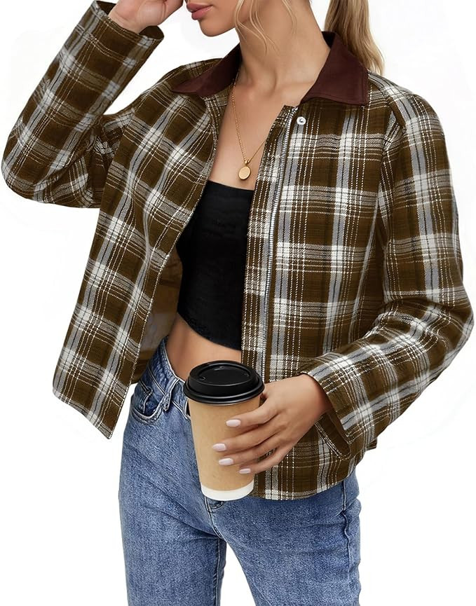 Tankaneo Womens Plaid Cropped Jackets Barn Lightweight Flannel Zip Up Utility Coat Casual Short J... | Amazon (US)