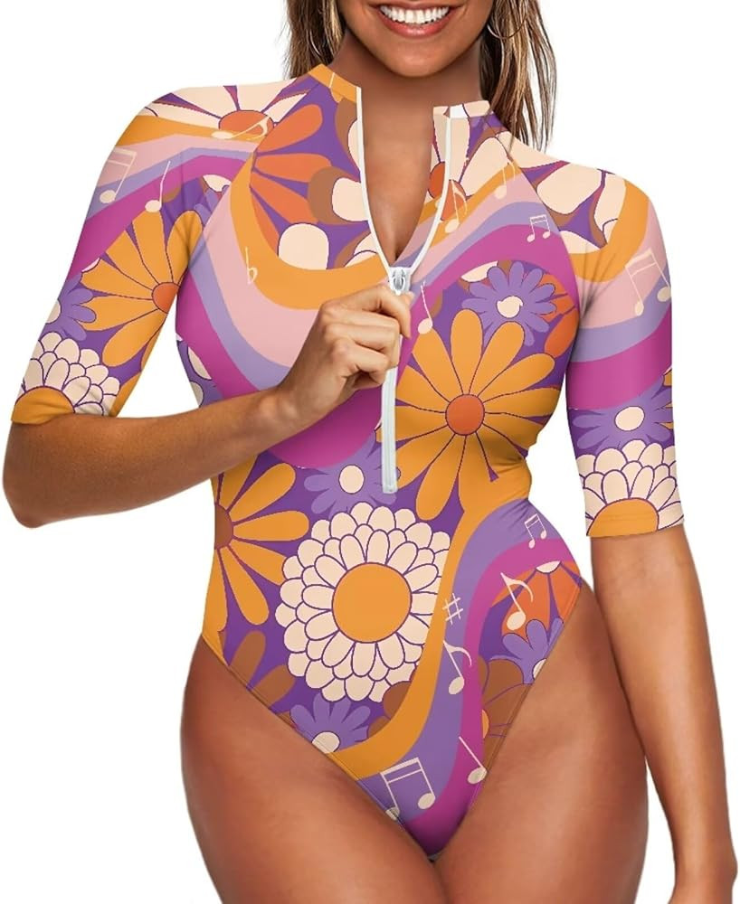 Babrukda One Piece Swimsuit for Women Teen Bathing Suit High Cut Thong Half Sleeve Zipper Surfing... | Amazon (US)