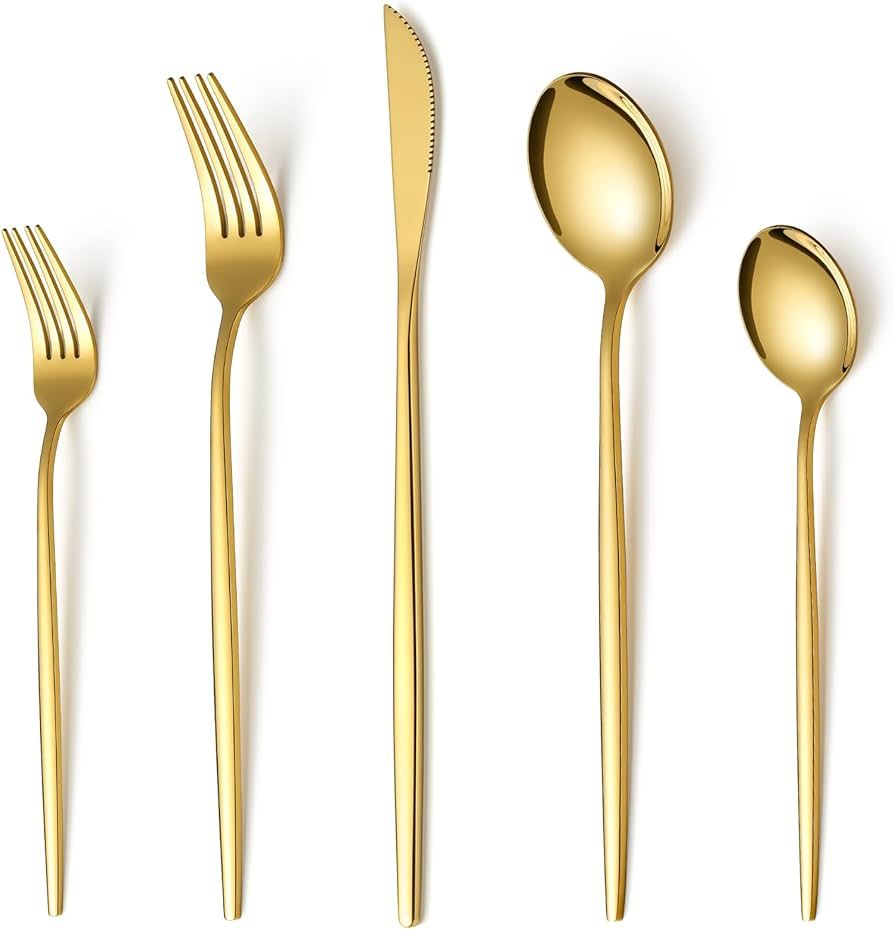 Gold Silverware Set for 6, Stainless Steel Gold Flatware Cutlery Utensils Set, 30 Piece Gold Fork... | Amazon (US)