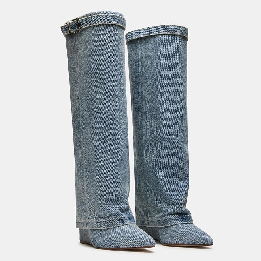 Yishaweiqi Fold Over Boots Wide-calf Wedge Heel Knee High Boot With Decorative Lock | Amazon (US)