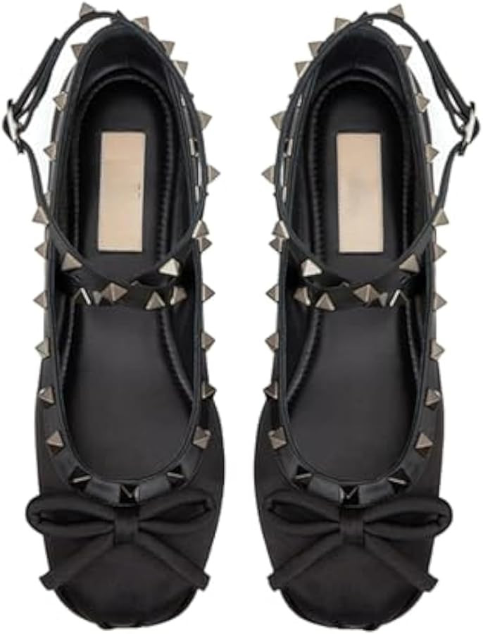 Keilinia Women's Satin Mary Jane Ballet Flats,Bow Studded Strap Ankle Buckle Square Toe Soft Comf... | Amazon (US)