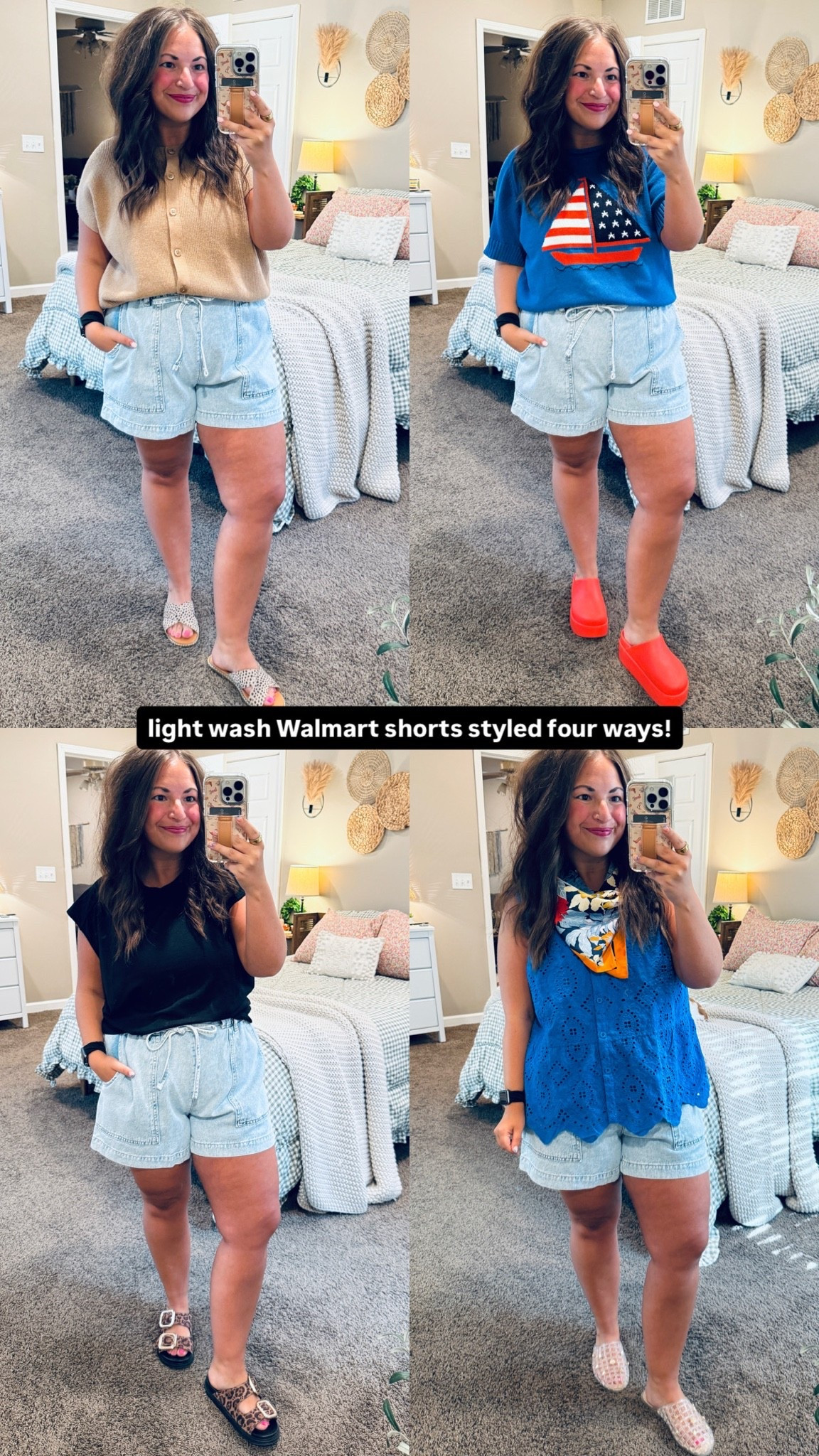 light wash Walmart shorts styled four ways! 

 