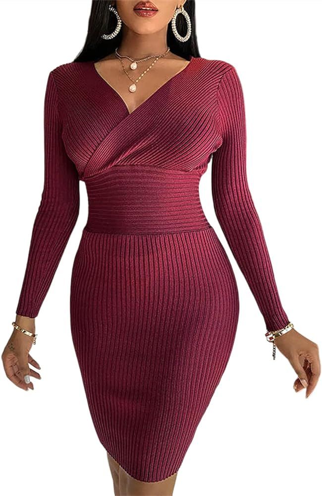 QegarTop Women Wrap Dresses with Long Sleeves Ribbed Bodycon Dresses Knit Work Party Sheath Dress... | Amazon (US)