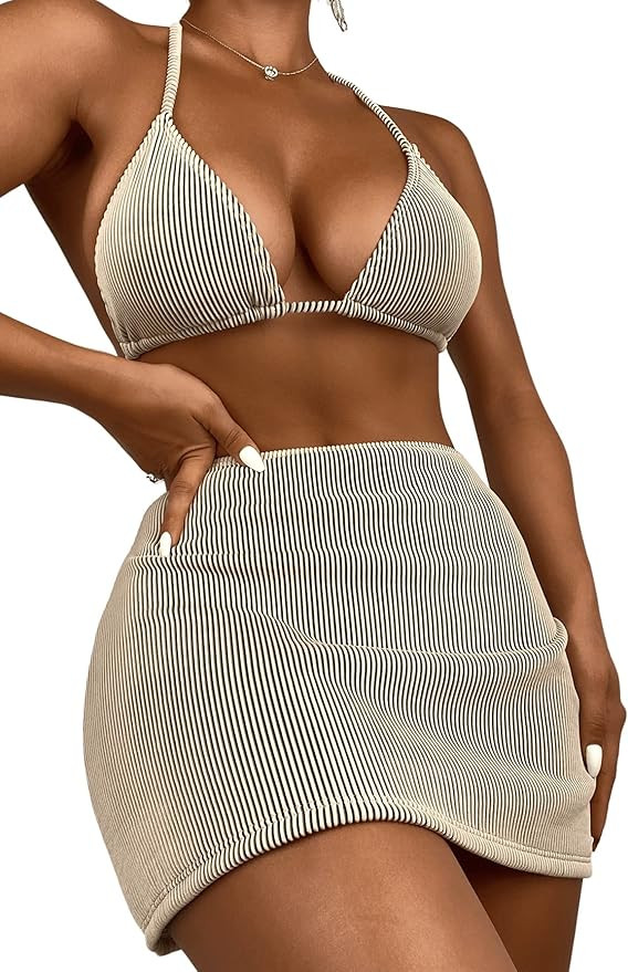 SweatyRocks Women's 3 Piece Zebra Striped Bikini Swimsuit Set & Beach Skirt Set Bathing Suit | Amazon (US)