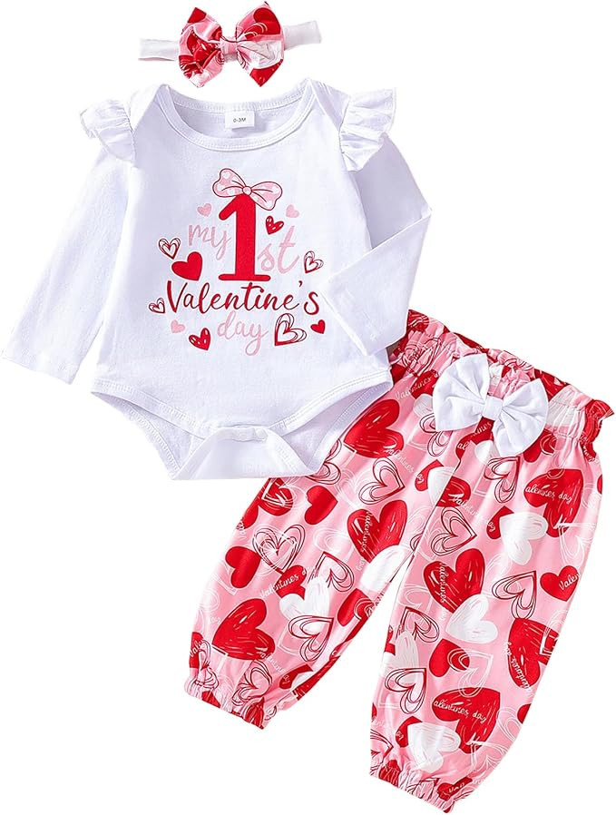 Newborn Infant Baby Girl My First Valentines Day Outfit long Sleeve Onesie Romper love Heart Prin... | Amazon (US)