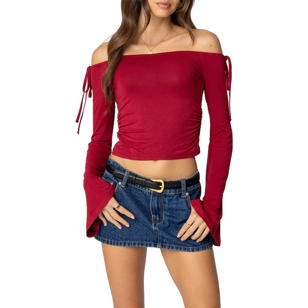 EDIKTED Keaghan Off the Shoulder Bell Sleeve Top in Burgundy at Nordstrom, Size Medium | Nordstrom