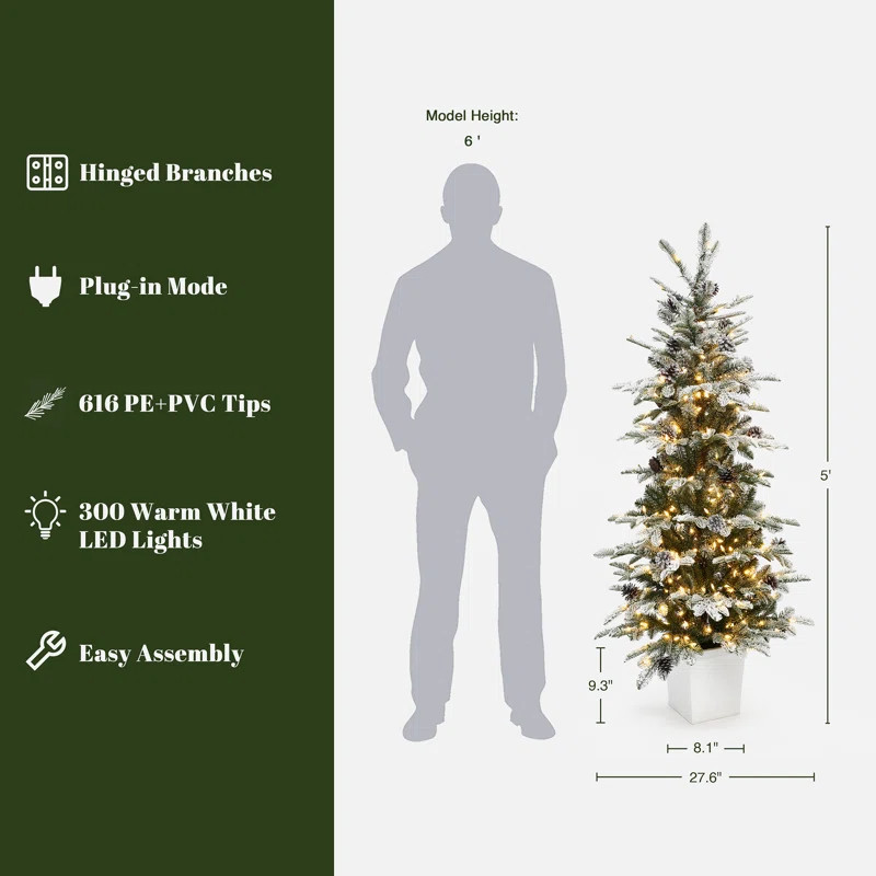 5Ft Pre-Lit Flocked Artificial Christmas Tree with Pinecones & White Square Pot | Wayfair North America