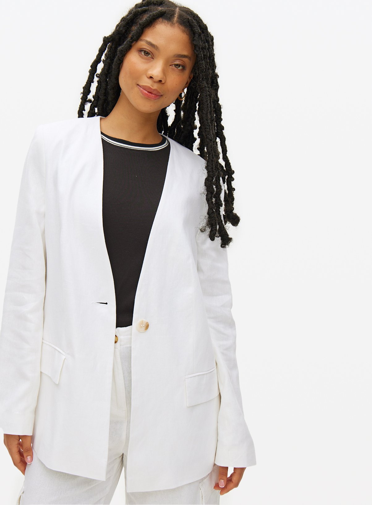 White Linen Blend Collarless Blazer | Tu Clothing