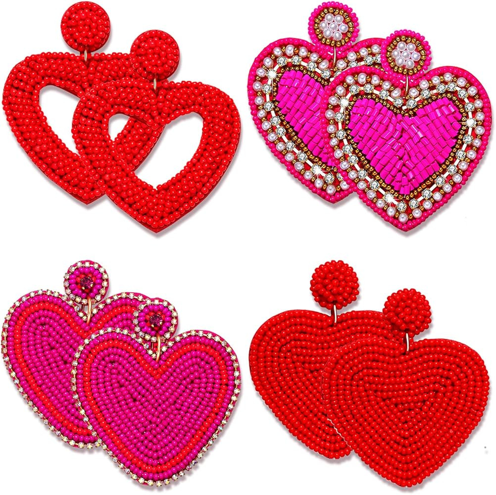 4Pairs Beaded Heart Earrings Valentine’s Day Earrings for Women Handmade Beaded Dangle Earrings... | Amazon (US)