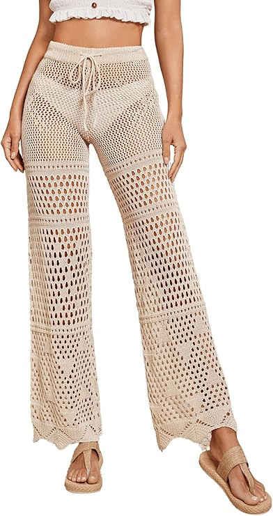 MakeMeChic Women's Cover Up Pants Drawstring Crochet Knitted Sheer Beach Cover Up Pants Swimwear | Amazon (US)