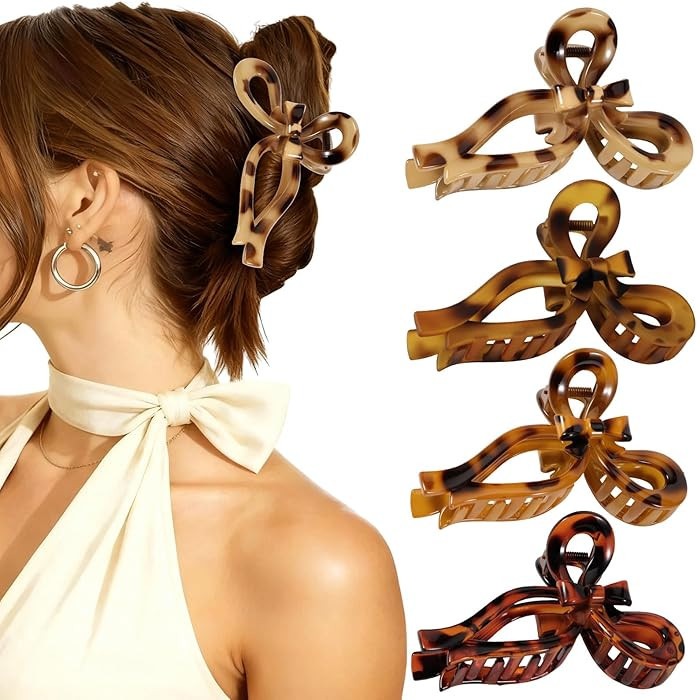 Auseibeely 4 Pcs Bow Claw Clips for Women & Girls, 4.3 Inch Tortoise Shell Cute Bow Hair Clips, M... | Amazon (US)
