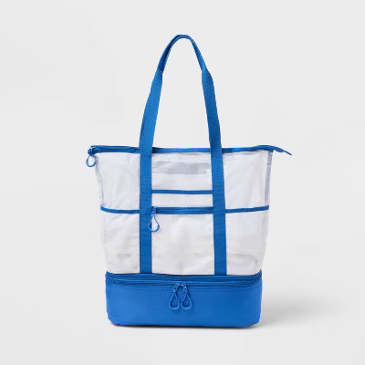 Beach Tote Bag with Zipper Bottom Tan Stripe / Navy - Sun Squad™ | Target