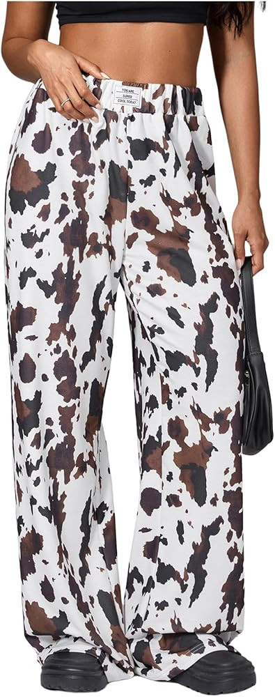 RoseSeek Women's Leopard Print Wide Leg Pants Patched Elastic Waist Casual Loose Trousers Brown T... | Amazon (US)