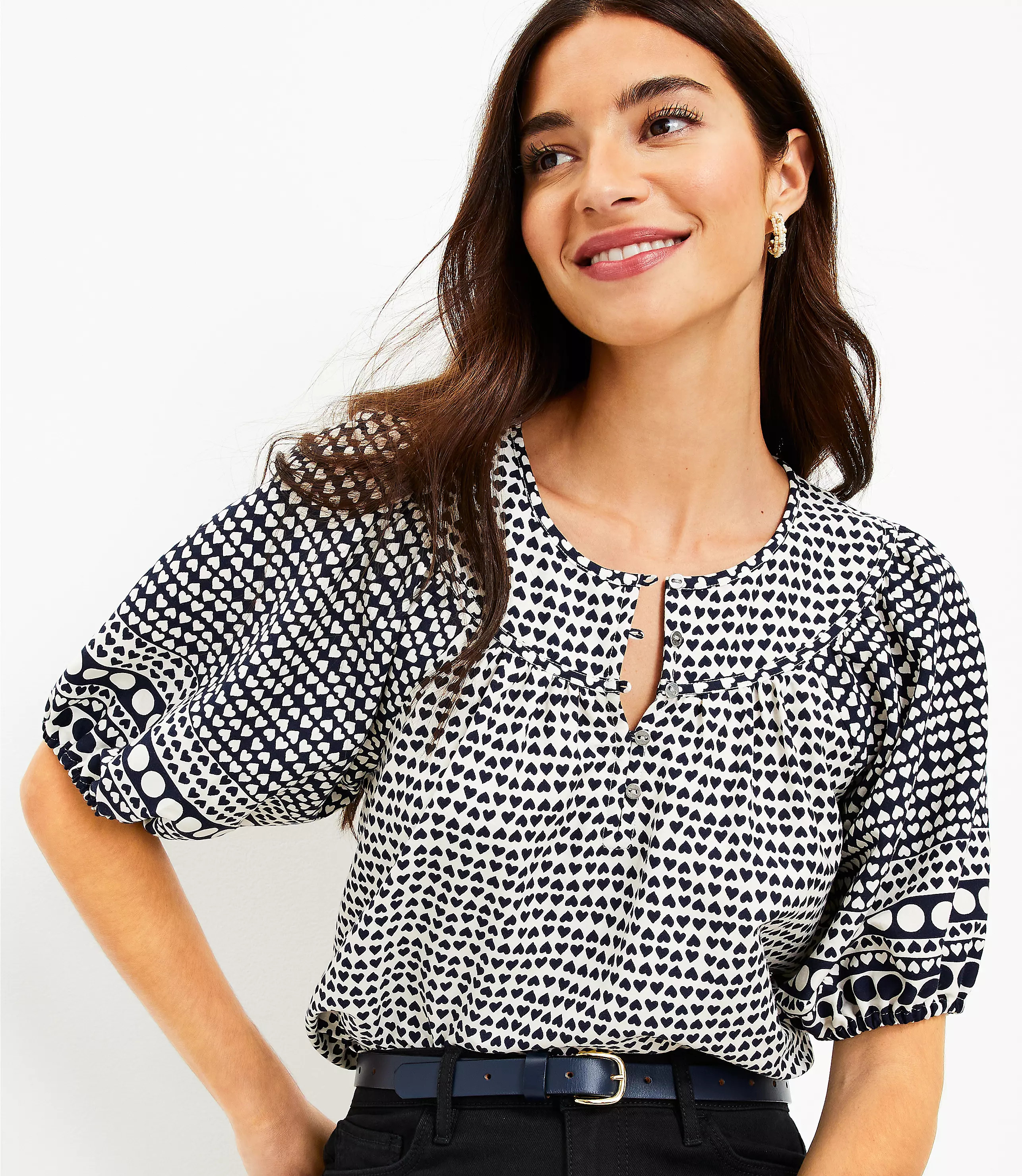 Dotted Round Yoke Puff Sleeve Top | LOFT