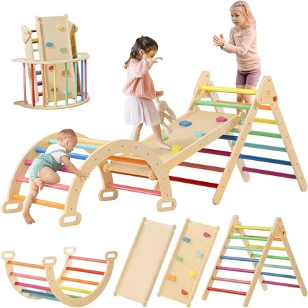 Tiny Land Pikler Triangle Set, 7-in-1 Foldable Pikler Triangle Climbing Toys Set for Kids,Baby Indoor Playground Jungle Gym, Wooden Montessori Climbing Set for Toddler | Walmart (US)