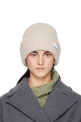Beige Oversized Wool Rib Knit Beanie | SSENSE