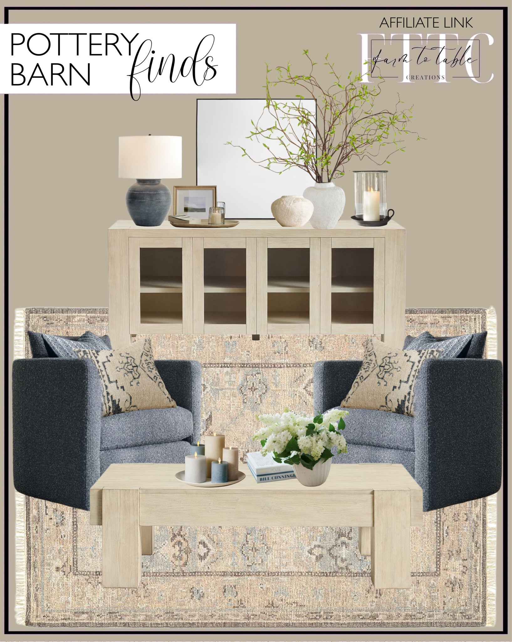 Pottery Barn Home Finds. Follow @farmtotablecreations on Instagram for more inspiration.

Blaire Hand Knotted Rug. Swivel Arm Chair. Rectangular Coffee Table. Belgian Linen Pillow. Curly Willow Branch. Laguna Buffet. Textured Earthenware vase. Chamberstick Hurricane. Flameless candles. Artisan Studio Tray. Lilac Bundle. Thayer Basket Ceramics collection. Fairs Ceramic Table Lamp. Stowe 42” Square Mirror. Beau Pillow. Framed artwork. AD coffee table book.

Dining Room | Bedroom Finds | Living Room | Bedroom Furniture | nightstands | Home Decor| Fireplace Decor | Spring Refresh |  Bedroom Finds | Neutral Stems | Spring Stems | Bookshelf Decor | Bedroom Space | Cozy Corner | Bathroom | Curated Entryway | Spring  Decor | End of Year Clearance | Trending Decor | Viral Decor | Amazon Holiday | Bedroom corner | Coffee Table Decor | Neutral Decor | Fall Stem Sale | Target Finds | Skinny Bench | Bedroom | Living Room | Breakfast Nook | Amazon Home | Target Sale | Loloi Rugs | Magnolia Home | console table | console table styling | faux stems | entryway space | front porch decor | neutral decor | entryway decor | cozy home | affordable decor |  home decor | home inspiration | console styling | entryway rug | cozy moody home | moody home decor | neutral home | bathroom decor | living room | spring decor | Hearth & Hand | Studio McGee




#LTKHome #LTKFindsUnder50 #LTKSaleAlert