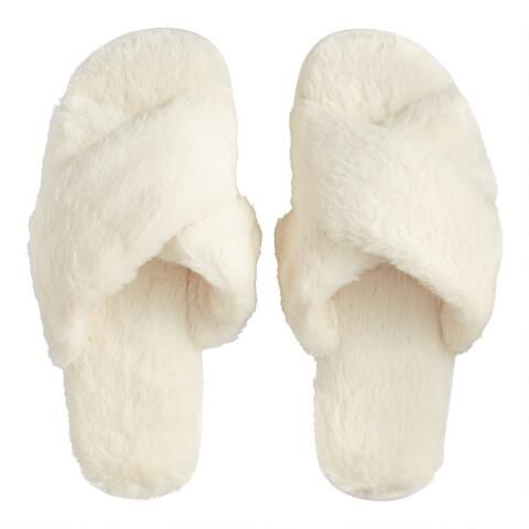 Ivory Faux Fur Crisscross Slippers | World Market