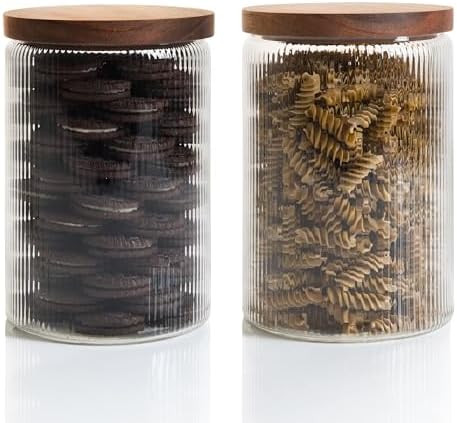 Mason & Fable Ribbed Glass Jar with Wooden Lid 70fl.oz- Set of 2 | Airtight Fluted Storage Contai... | Amazon (US)