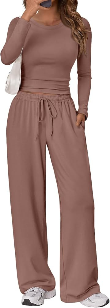Trendy Queen Women's 2 Piece Matching Lounge Set Long Sleeve Slightly Crop Top Wide Leg Pants Cas... | Amazon (US)