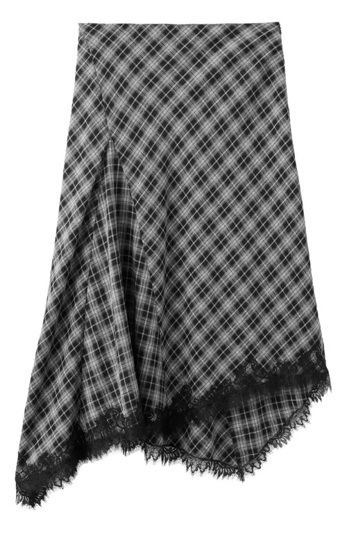 MANGO Lace Trim Plaid Midi Skirt in Black at Nordstrom, Size 6 | Nordstrom