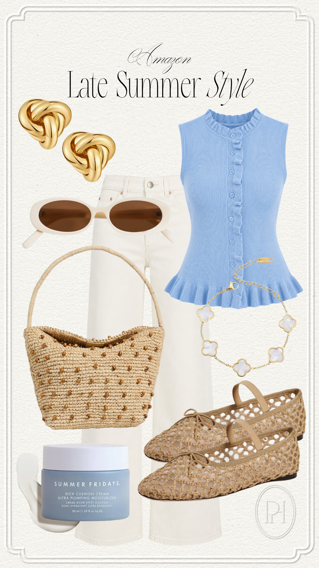 Amazon style finds that are great for the end of summer!

summer fashion, summer style, summer outfit, summer looks, blue top, sleeveless cardigan, sleeveless sweater, ruffled hem top, blouse, gold earrings, white jeans, straight leg jeans, brown flats, straw handbag, woven handbag, moisturizer, white sunglasses, summer handbag, bracelet 

 #LTKgrwm #LTKootd #LTKSeasonal