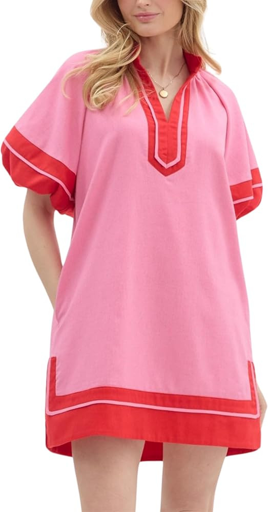 Esmeling Women’s Color Block Pullover Dress V Neck Puff Sleeve Shirt Dress Casual Mini Dress wi... | Amazon (US)