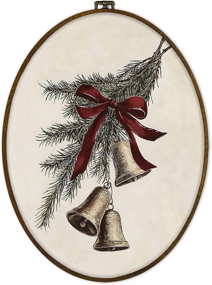 GWFSJYU Vintage Christmas Bell Framed Oval Wall Art Decor, Rustic Xmas Pine Red Bow Canvas Prints... | Amazon (US)
