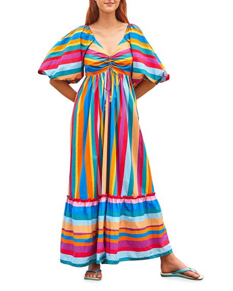 Farm Rio Striped Scarf V-Neck Maxi Dress | Neiman Marcus